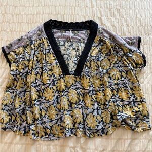Free People Floral V-Neck Top with Black Trim